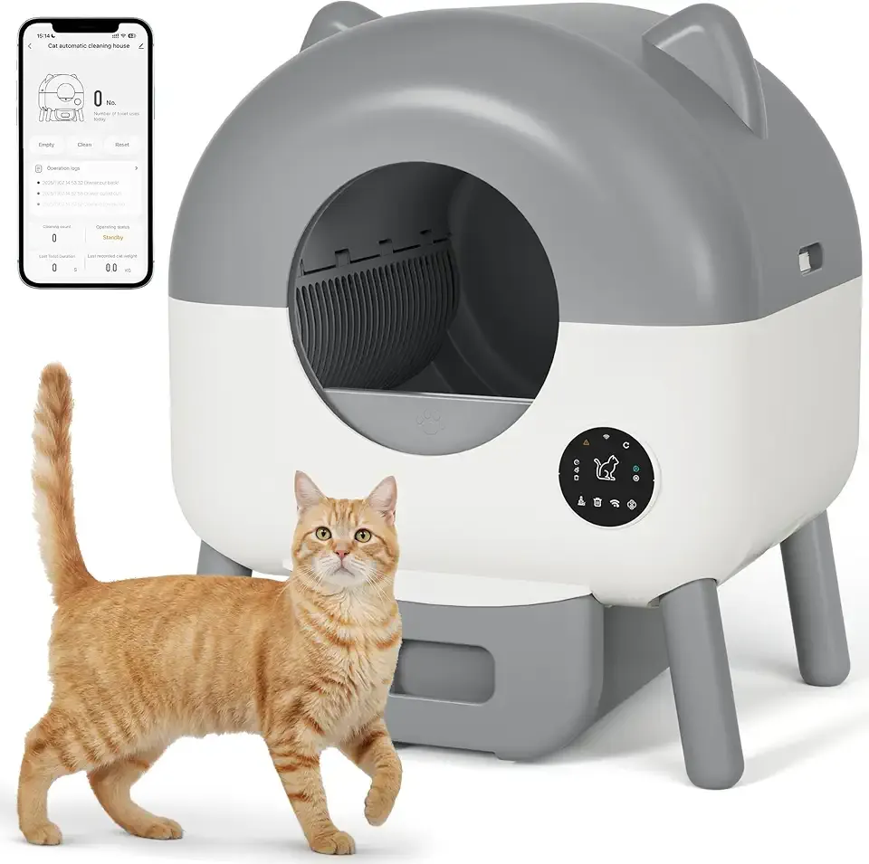 Greesum 76L Large Capacity Fully Enclosed Automatic Litter Box, Cat Ear Design with Garbage Bags Aroma Box and Brush for Multi - Cat Families (Gray)