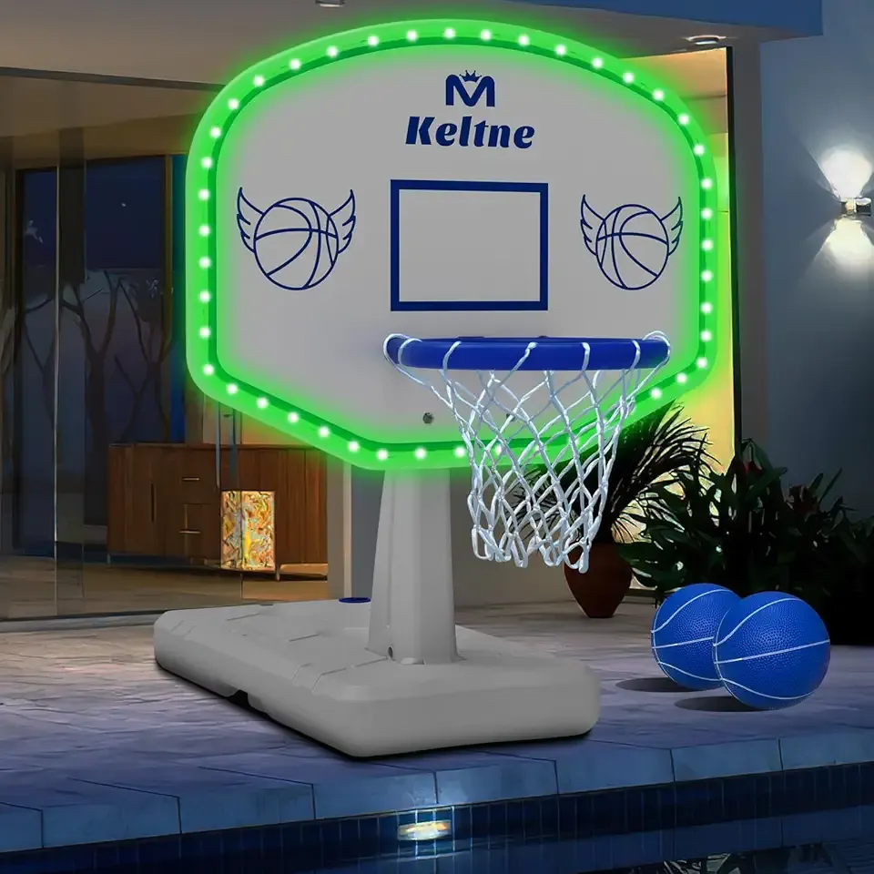 LED Pool Basketball Hoop Poolside, Oversized Water Basketball Hoop with Super Bright Solar Lights, 34"x34"x42.2" Light-Up Swimming Pool Basketball Hoops for Kids Adults, with 2 Balls and Pump.