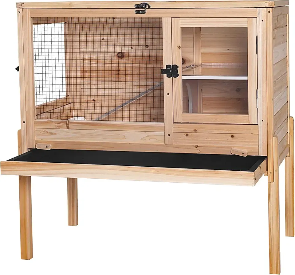 Aivituvin Guinea Pig Cages, Rabbit Hutch with Anti-Chew Frame, Bunny Cage with Deepened Pull-Out Tray, 3 Openable Areas, Assemblable Legs, Ramp & Hideout Included - Wooden