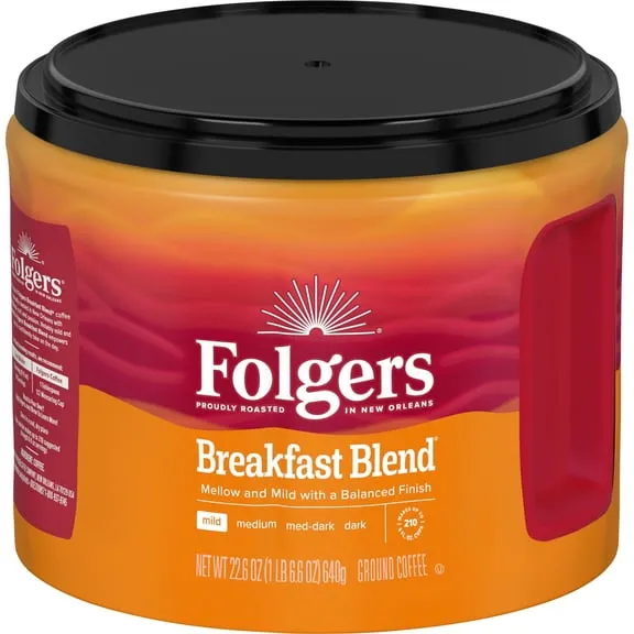 Folgers Breakfast Blend Ground Coffee, Mild Roast, 22.6 oz Canister