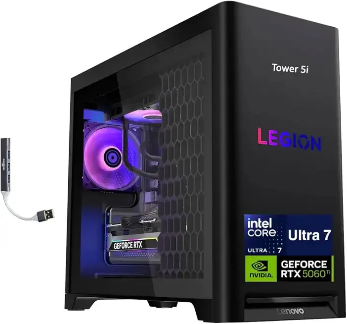 Lenovo Legion Tower 5i Gaming Desktop PC (Intel Ultra 7 265F, GeForce RTX 5060 Ti 8GB GDDR7, 32GB DDR5, 256GB PCIe SSD + 2TB HDD, Win 11 Home) w/DKZ USB Port Expander