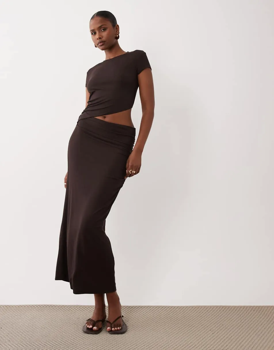 ASOS DESIGN light rib cut out midi dress in chocolate