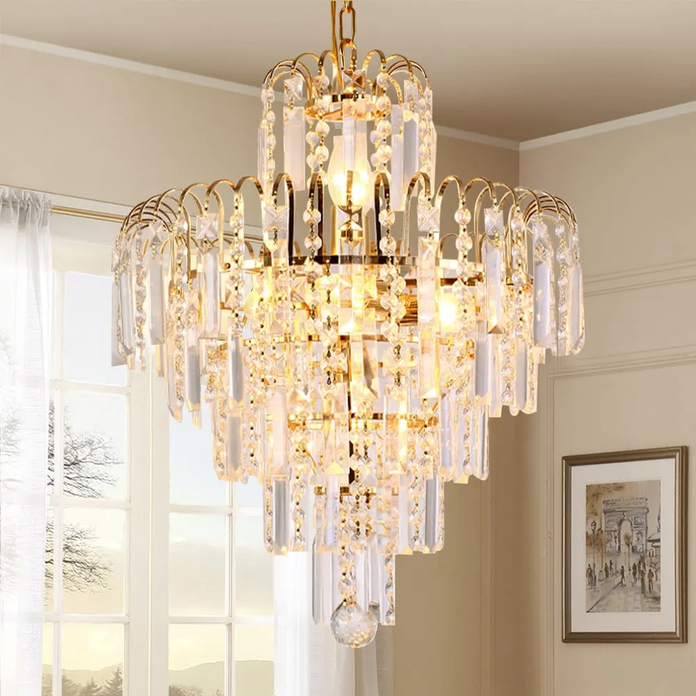 4-Light Modern Crystal Round Gold Pendant Light with K9 Crystal Shade