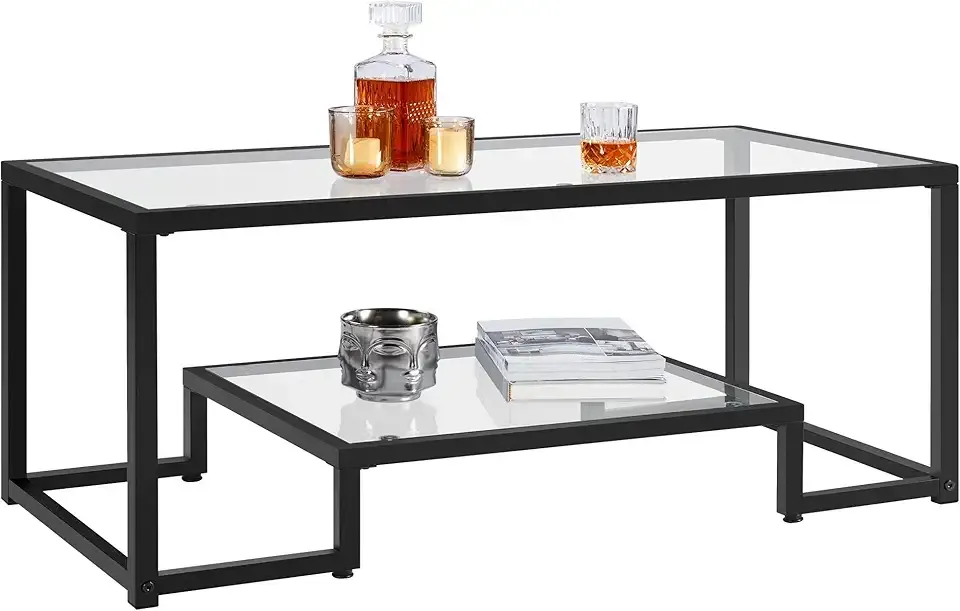 Yaheetech Coffee Table, Tempered Glass Coffee Table, Modern Simple Center Tables w/Geometric-Inspired Design & Metal-Frame & Easy Assembly & Open Storage Shelf for Living Room, Office, Black