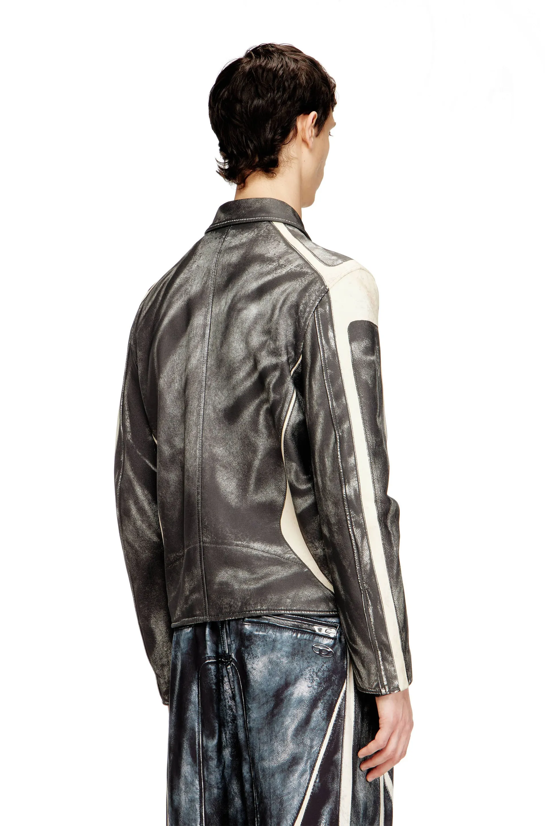 Leather coach jacket with biker print
