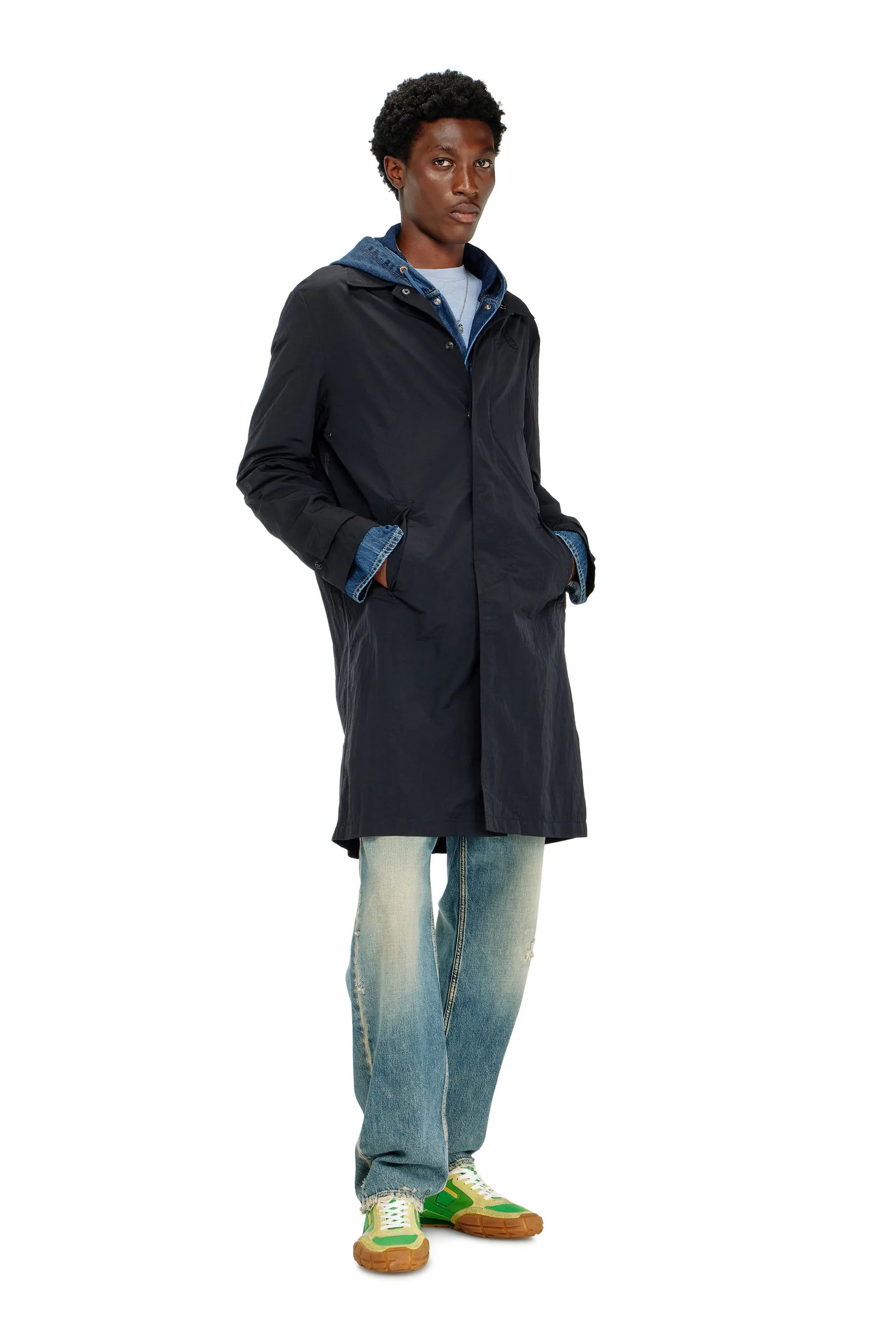 Nylon coat with shiny crinkle finish