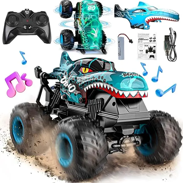 BEZGAR Monster Truck Toys - Remote Control Monster Trucks with Light & Music, Dinosaur Toys for Kids, 1:20 Scale RC Truck with 360° Spins and Drifting, Remote Control Car for Boys with Two Car Shells