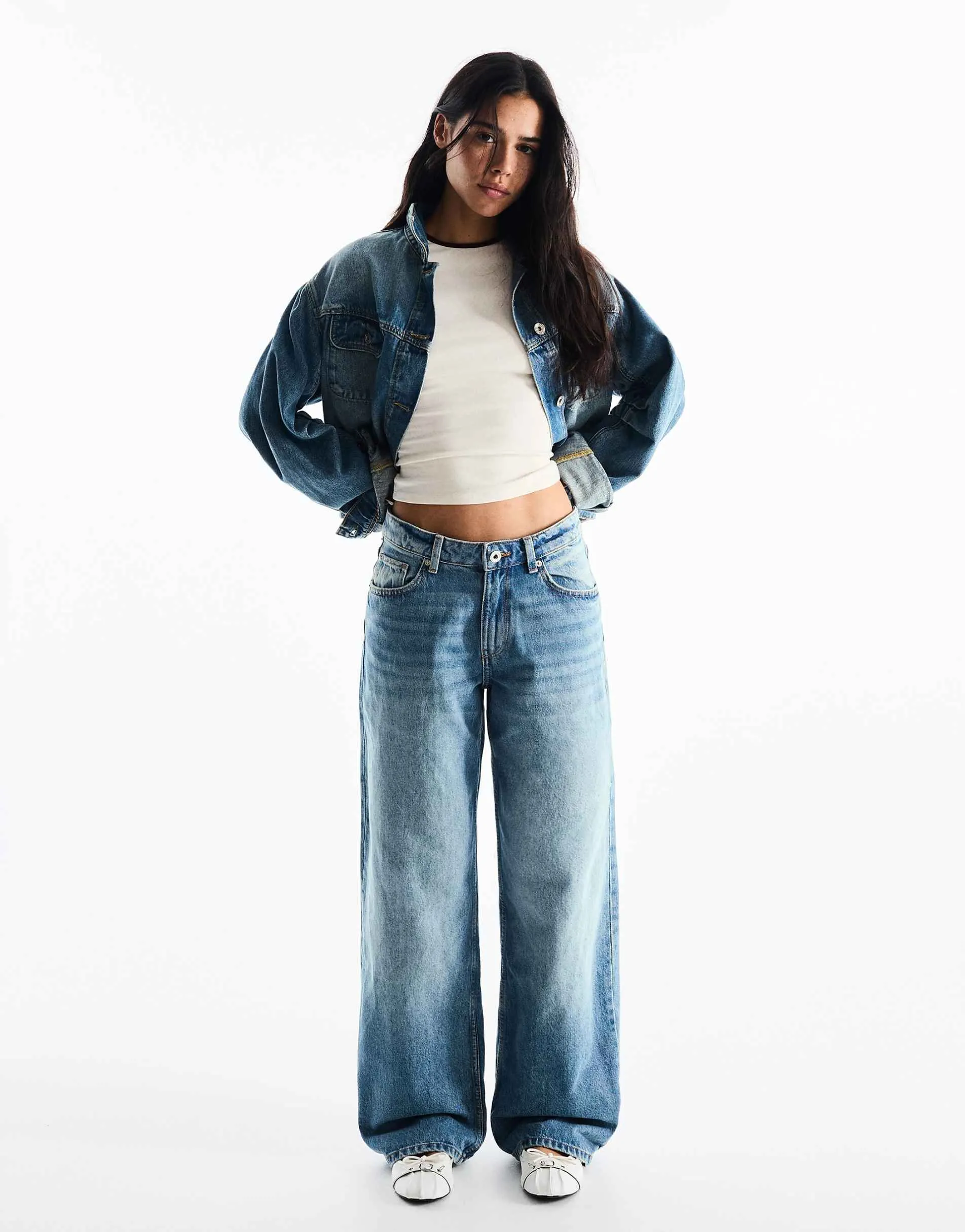 Bershka High-waist wide straight-leg jeans in mid blue