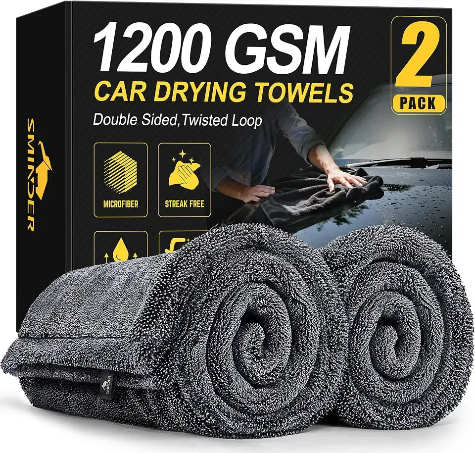 SMINDER 2-Pack 1200 GSM Car Drying Towels – Microfiber Towels for Cars (36" x 24"), Ultra-Absorbent, Streak-Free, Scratch-Free, No Water Spots, Double-Twist Pile & Edgeless Design