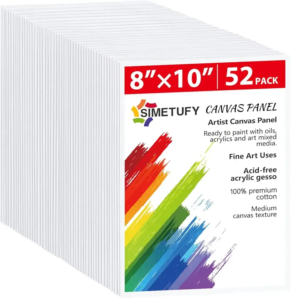 Simetufy Canvas Boards for Painting 52 Pack 8 x 10 Inch Blank Flat Canvas Panels 100% Cotton Pre-Primed for Acrylic & Oil Paint, Art Supplies for Kids & Adults
