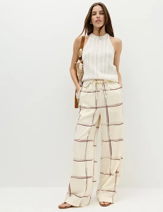 Karierte Hose mit weitem Bein und hohem Leinenanteil