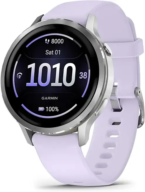 Venu® 4, 41mm, Advanced Health and Fitness GPS Smartwatch, Bright and Colorful Display, Built-in Flashlight, 10 Days of Battery Life, Silver with Periwinkle Silicone Band