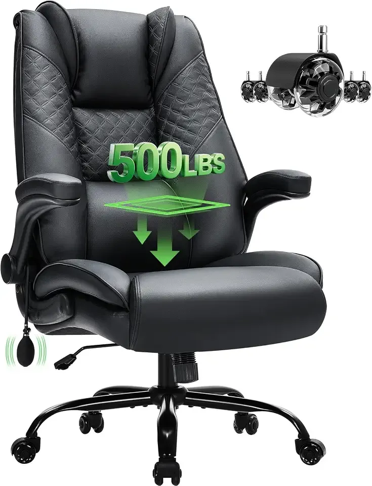 CIOMAN 500lbs Big and Tall Office Chair with Inflatable Lumbar Support, Rubber Wheels Executive Chair with Rocking Function, High Back Wide Cushion Ergonomic Desk Chair for All-Day Sitting,Black