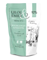 Lilou & Émile mit Wildschwein, Wachtel für Katzen 12 x 85 g