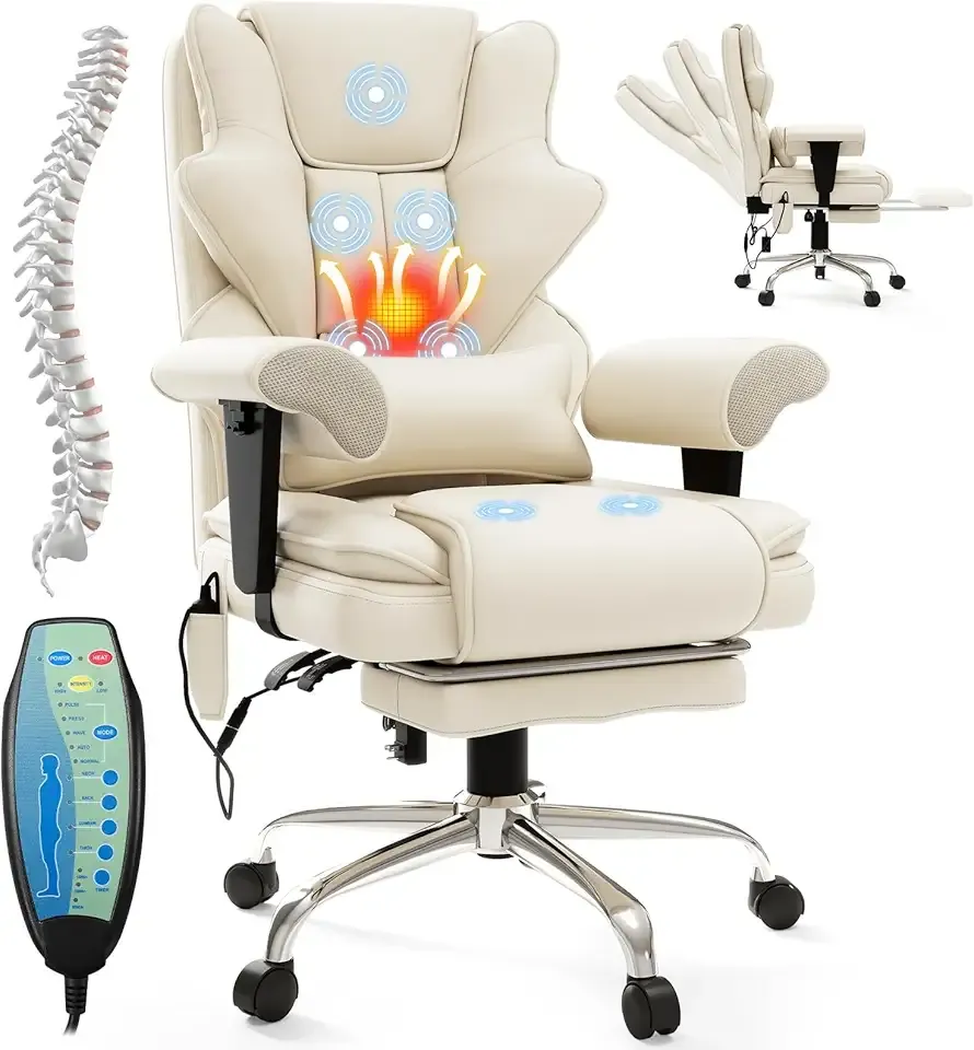 7-Point Massage Office Chair,Heated Manageral Chair,Ergonomic Executive Chair with Footrest,Adjustable Armrest,Computer Chair for Offices, Study Areas, Gaming Spaces,Beige