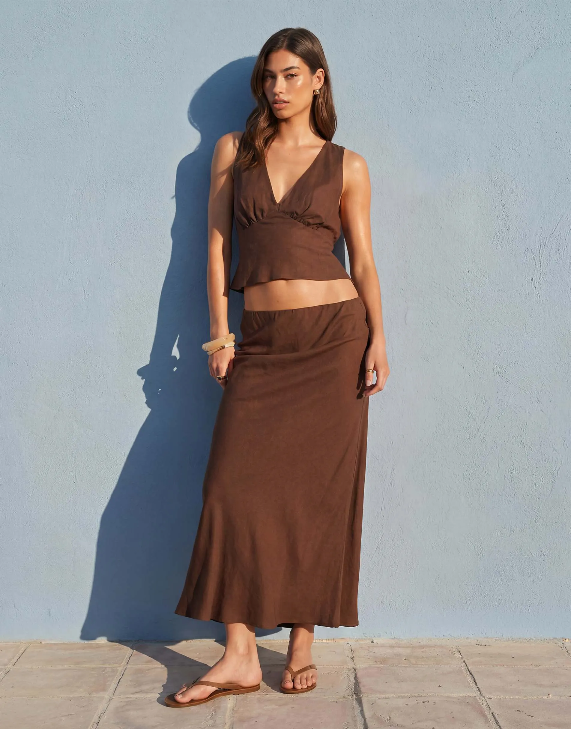 ASOS DESIGN linen blend halter top in chocolate