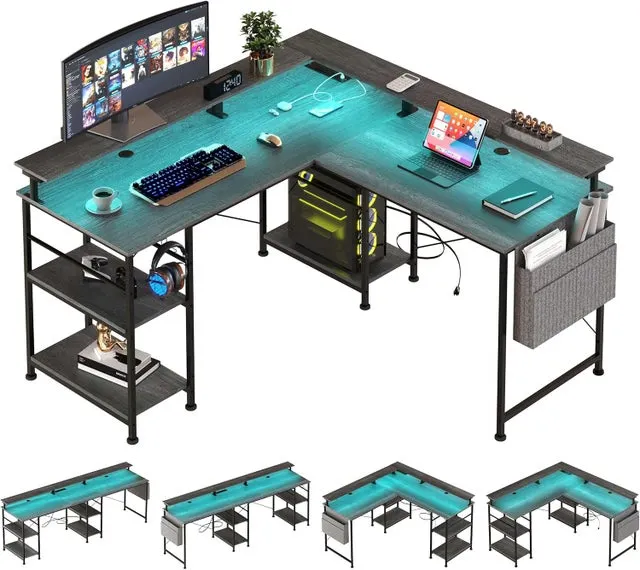 Escritorio de Esquina Multifuncional Tbfit - Luz LED 60.000 Colores, Alimentación Integrada, Diseño Evolutivo para Gaming/Trabajo