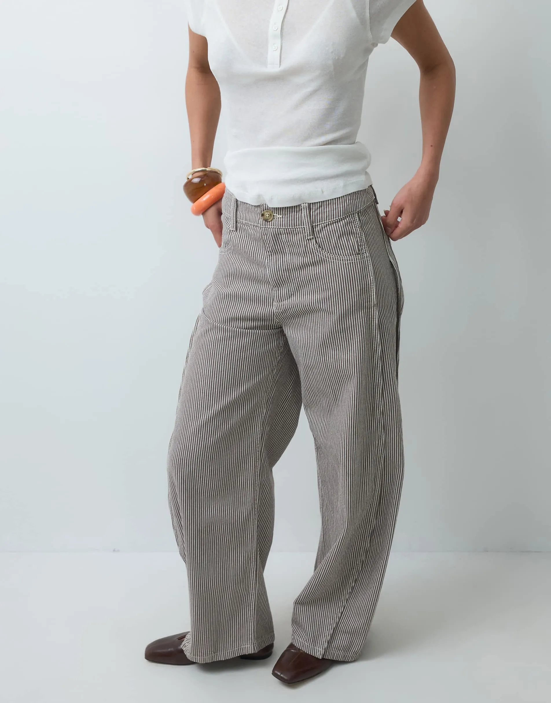ASOS DESIGN horseshoe trousers with tab waist detail in brown stripe