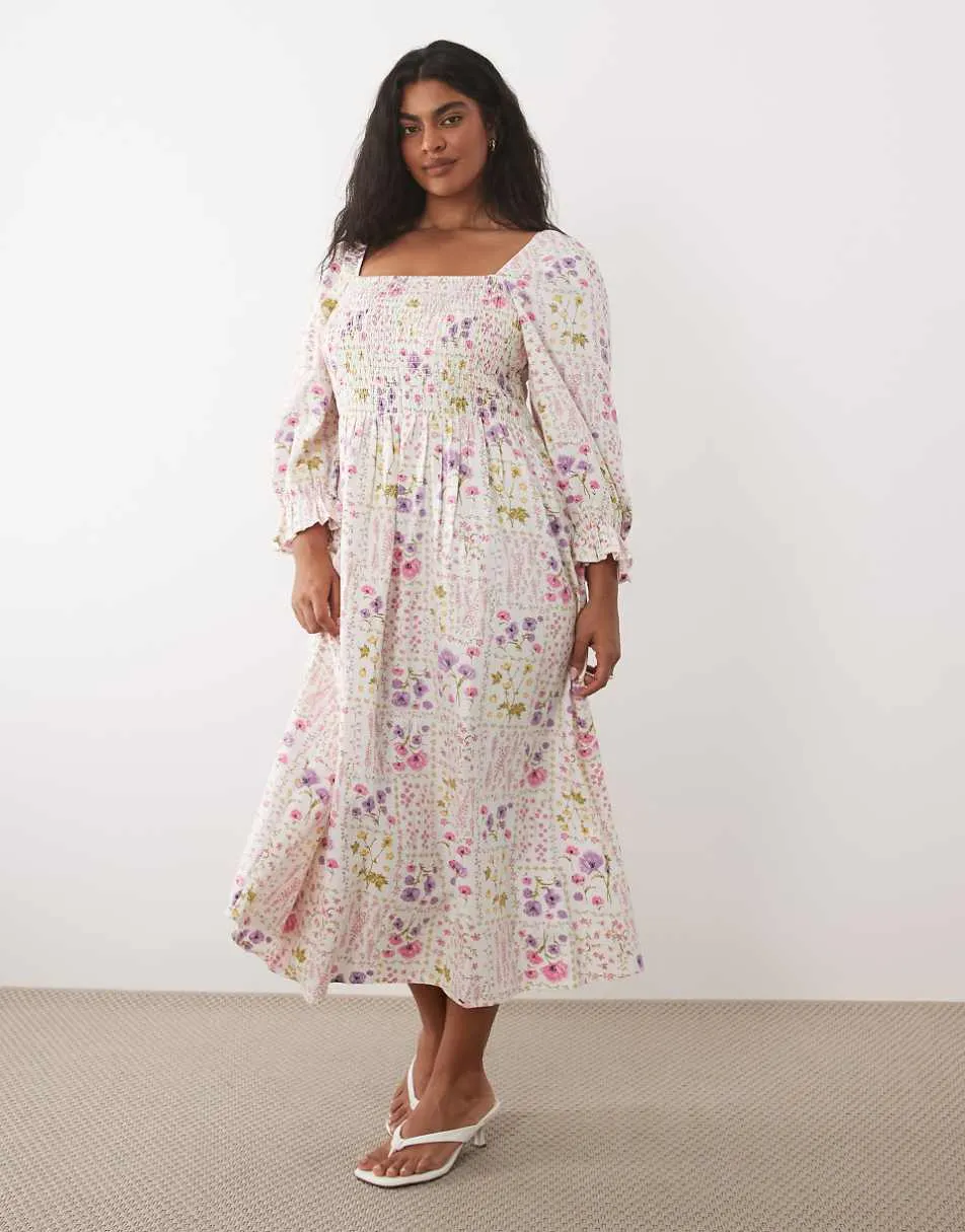 New Look Curve floral shirred midi dress in cream