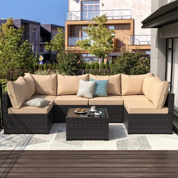 All weather 7 Piece Outdoor Patio Furniture Set PE Rattan Wicker Sofa Set With Table $377.25 Was $418.00