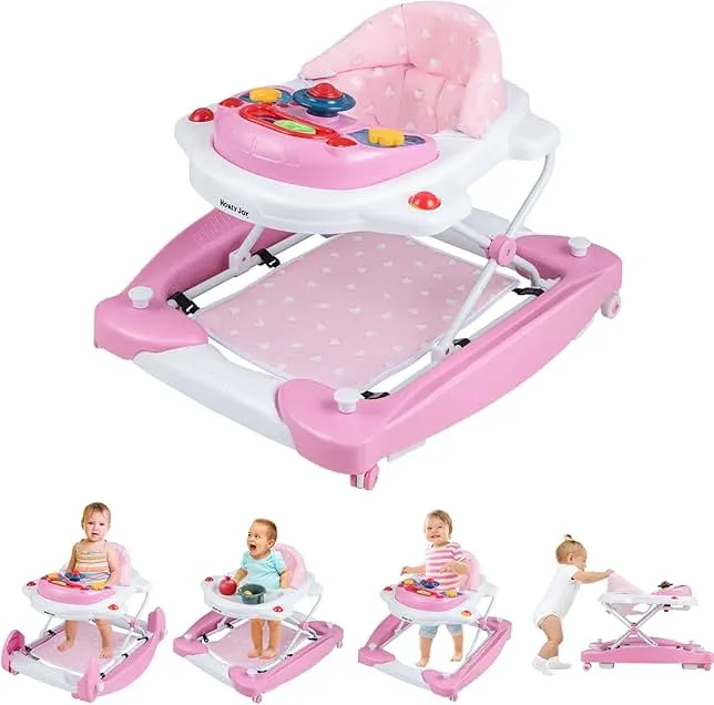 HONEY JOY Baby Walker, 6-in-1 Foldable Baby Walker and Bouncer Combo, Infant Activity Walker with Wheels, Adjustable Heights, Rocker, Music, Lights, Walker f…