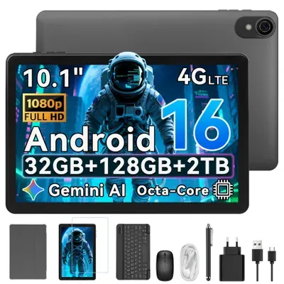 W80 10.1" 120Hz Tablet, 32+128GB/2TB, Android 16, 4G SIM+5G WIFI, Gemini AI 4.0, Widevine L1, 6000mAh, OTG, mit Tastatur/Maus/Stift/Schutzhülle Set