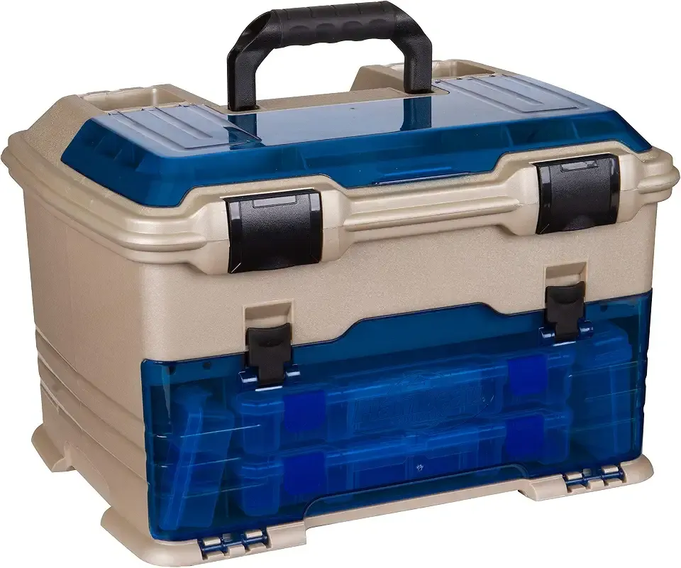 Flambeau Outdoors T5P Pro Multiloader Tackle Box, 7 Tuff Tainers, Blue Gold | Hard tackle station with 7 Zerust Tuff Tainers, bulk top compartment, 7 lid compartments, 6 line ports, 18 x 11.4in
