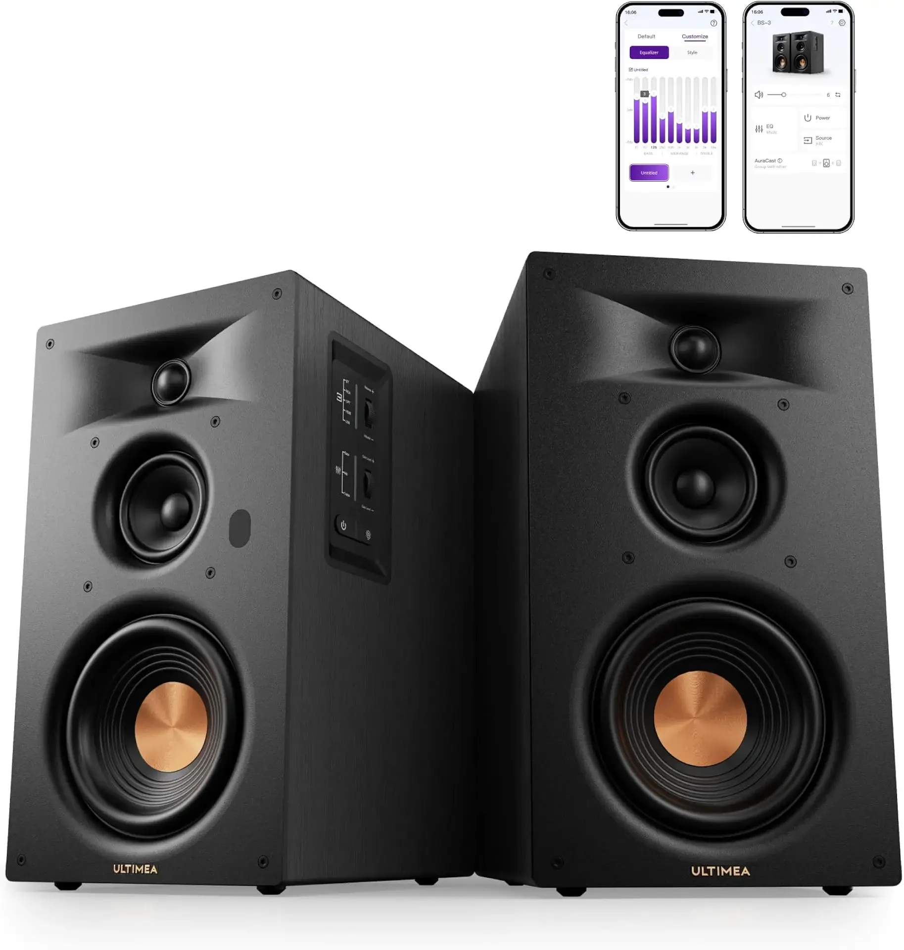 ULTIMEA 3-Way Powered Bookshelf Speakers with 5.25'' Woofer, 70W RMS, App, Edge Horn & BassMX, SUB Out & HDMI ARC for Home Theater, Bluetooth 6.0, Auracast, Grille-Free Design, BS-3