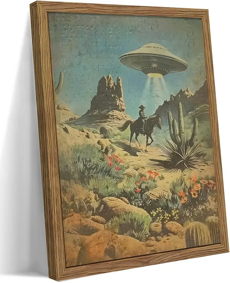 Framed Vintage Intergalactic Western Canvas Wall Art, Alien UFO Abducting Cowboy, Desert Cactus and Flowers Wall Decor, Retro Sci-Fi Poster for Living Room Bedroom – Dark Wooden Frame 12x16in