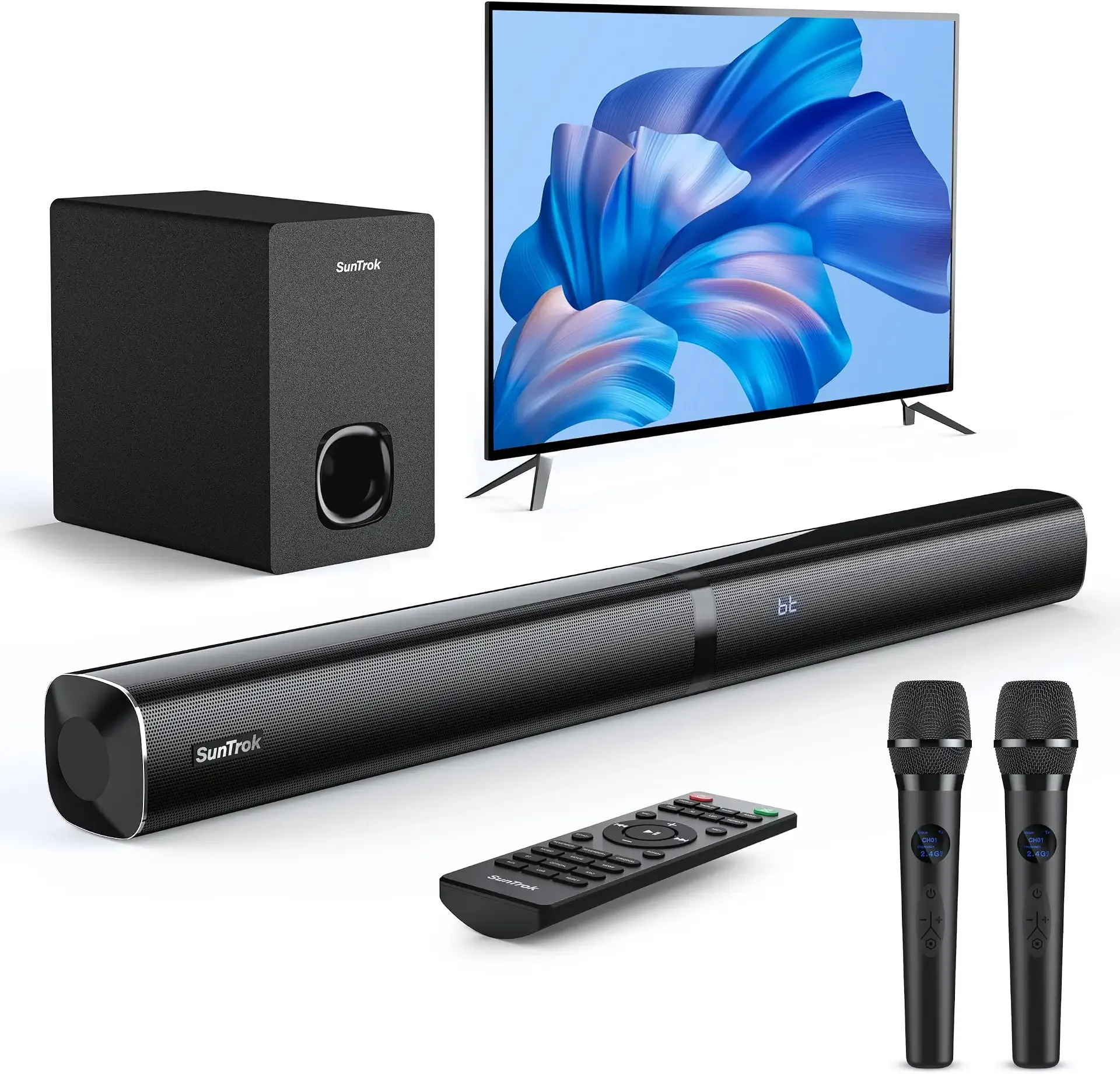 Soundbar with Subwoofer for TV, Home Theater Bluetooth 5.3 Speaker System with 2 Wireless Karaoke Mics, Surround Sound Audio with HDMI ARC, Optical, AUX, USB for Movie, Music, Family Party(Peak 280W)