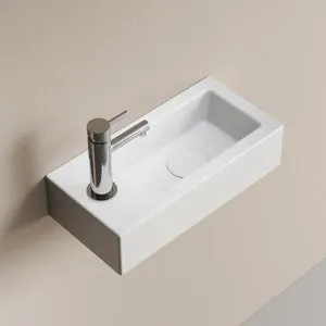 EMKE Lavabo de pared rectangular de cerámica 36,5x18x9 cm, orificio a la izquierda, blanco brillante
