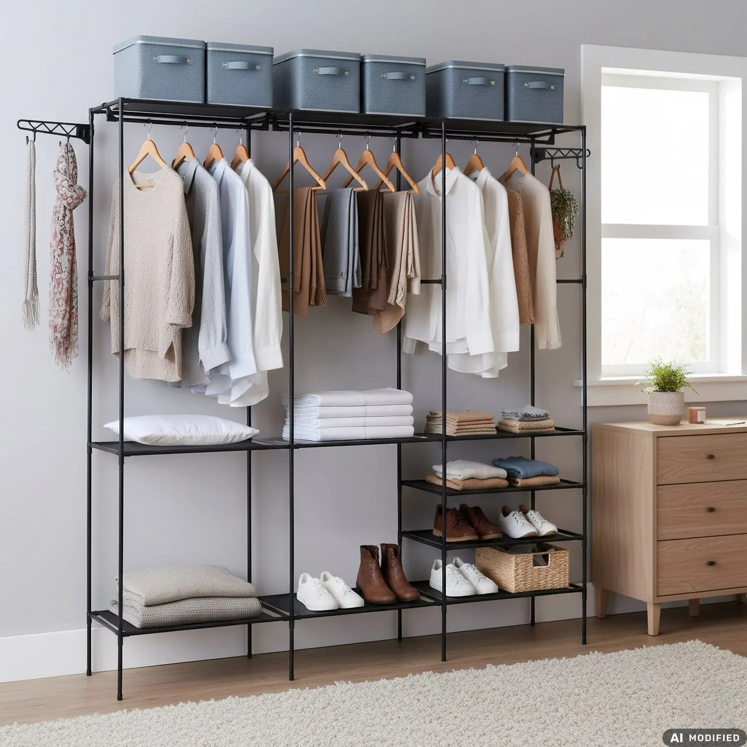 Stand Appendiabiti Multifunzione in Metallo Nero con 8 Ripiani e 4 Ganci – h170x160x36 cm
