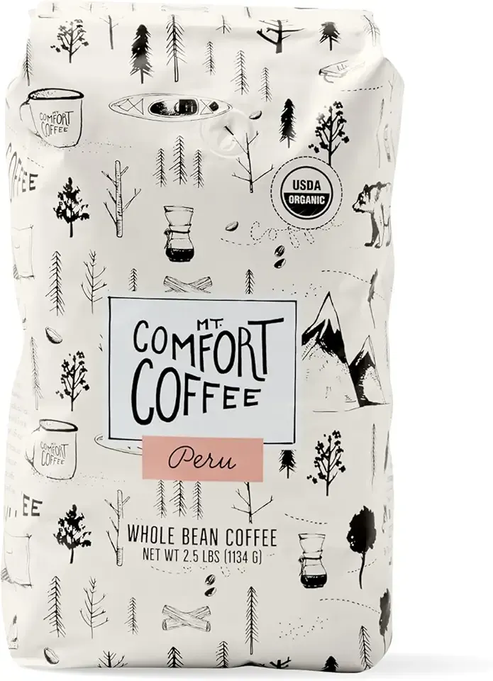 Mt. Comfort Coffee Organic Peru Medium Roast, 2.5 Pounds - Flavor Notes of Nutty, Chocolate, & Citrus - Sourced From Small, Peruvian Coffee Farms - Roasted Whole Beans