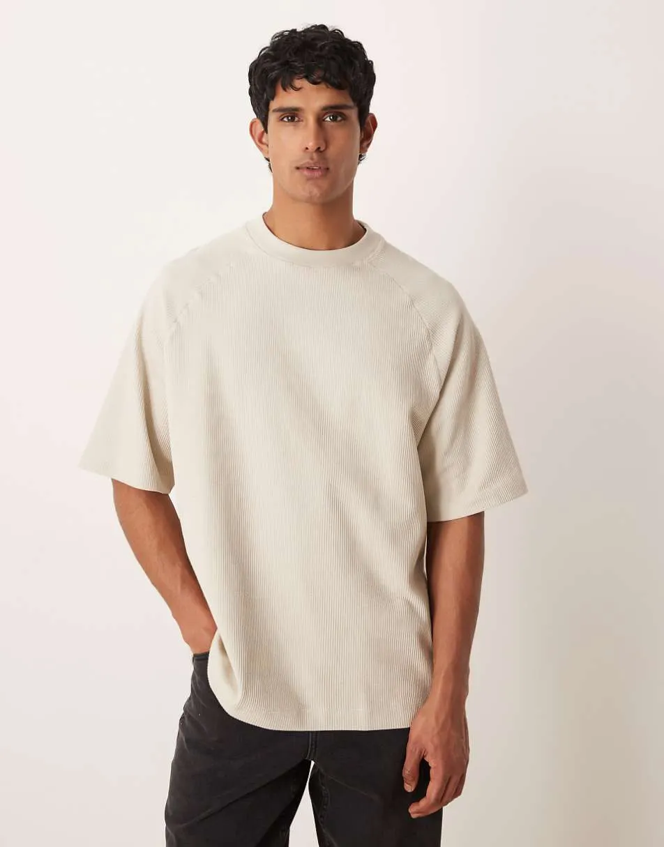 ASOS DESIGN Premium oversized textured rib raglan t-shirt in stone