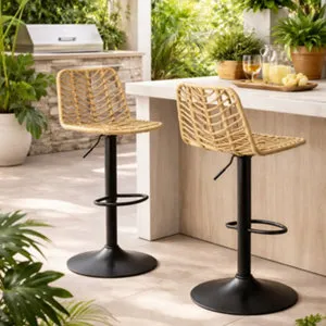 Lot de 2 tabourets de bar rotin et métal avec hauteur réglable H. 91 à 111 cm