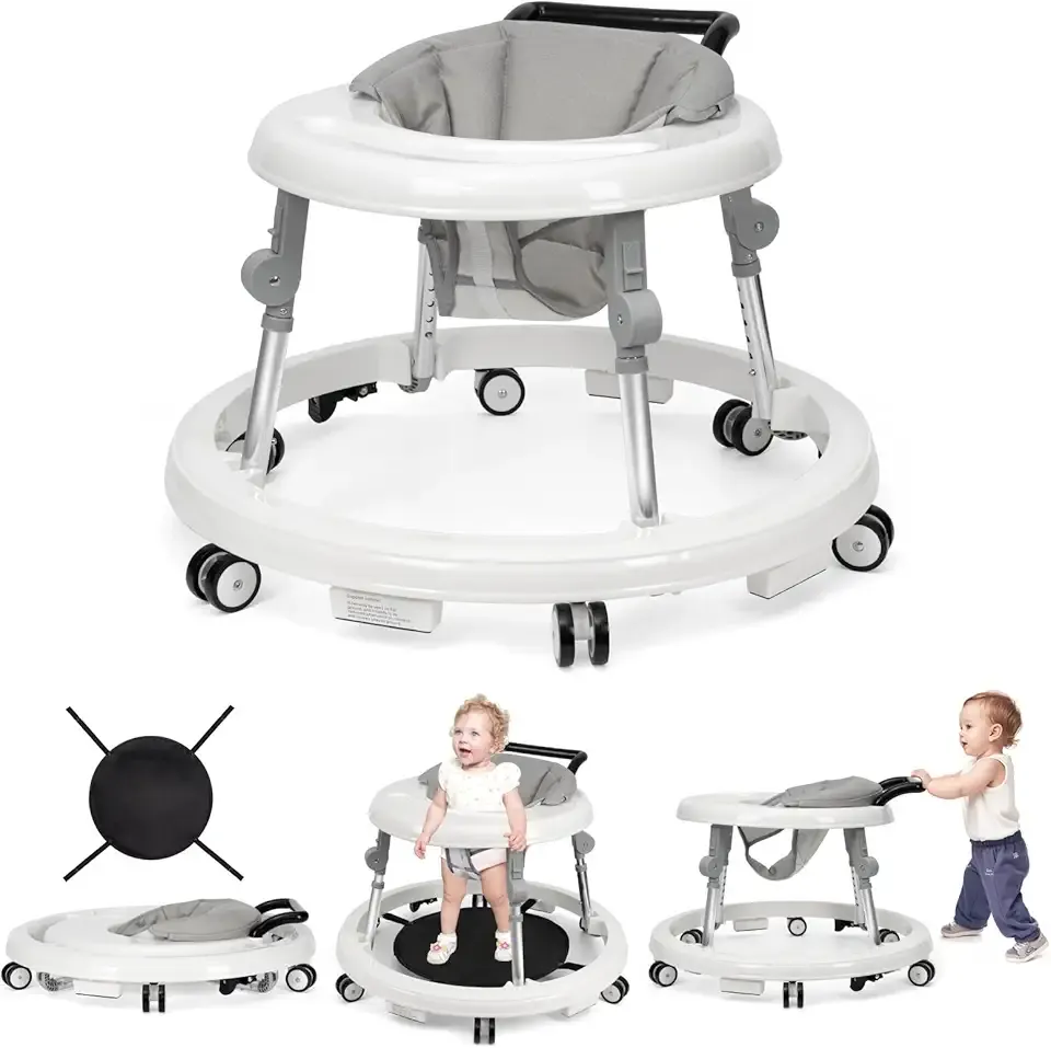 Baby Walker Foldable with 9 Adjustable Heights, Baby Walker with Wheels Portable, Infant Toddler Walker for Baby Boy Girls 6-18 Months (White)