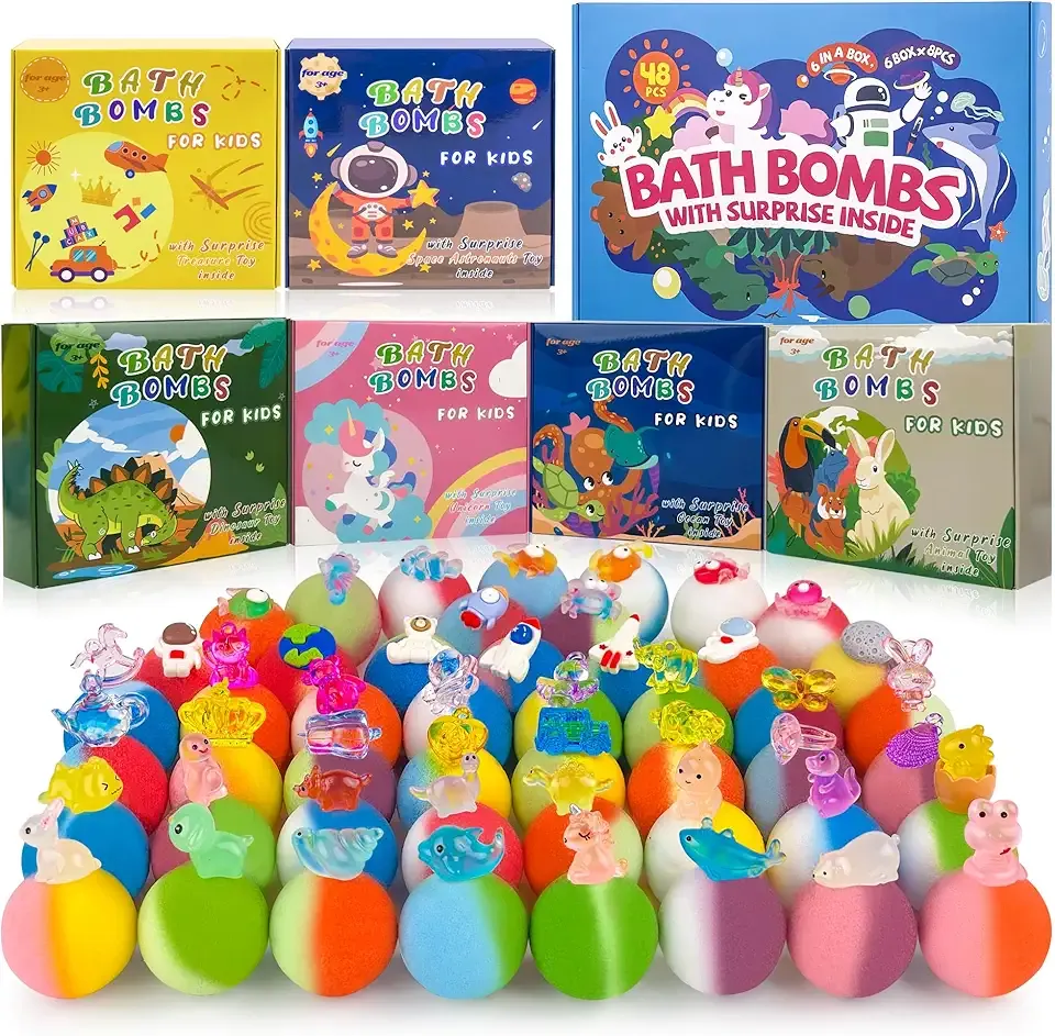 48pcs Bath Bombs for Kids with Toy Inside, Organic Colorful Bubble Bath for Kids Safe, Best Birthday, Party, Easter Bath Bombs Gift Set for Girls and Boys