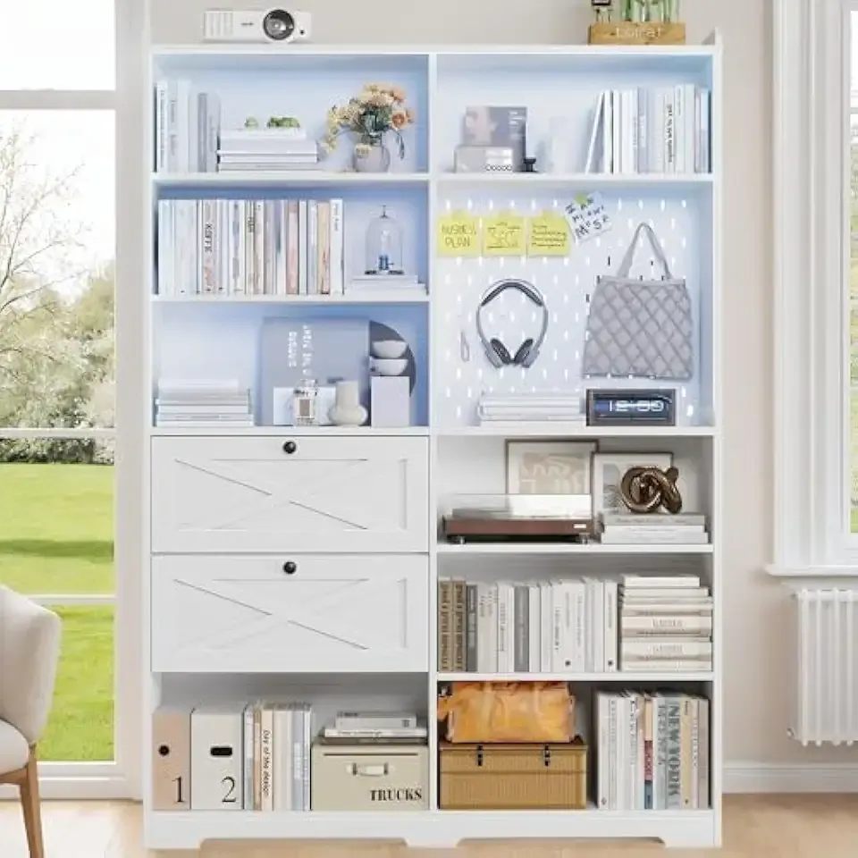 Book Shelf with Light and Drawers, 55" W x 79" H, 7-Tier Double Wide Bookshelf with Pegboard, Freestanding Deep Bookcase for Living Room, White