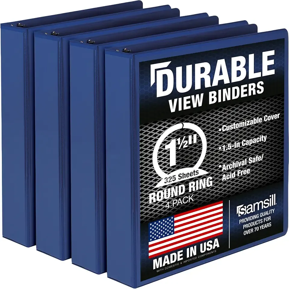 Samsill 4 Pack Durable 1.5 Inch 3 Ring Binders, Round Ring, Clear View Cover for Presentations, Blue