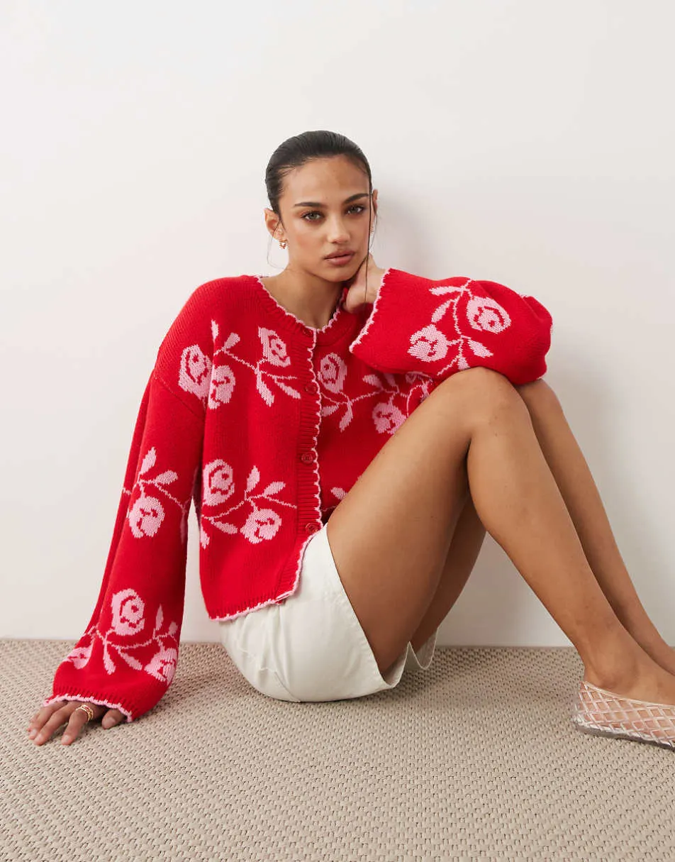 Miss Selfridge knitted blanket stitch cardigan with florals in red