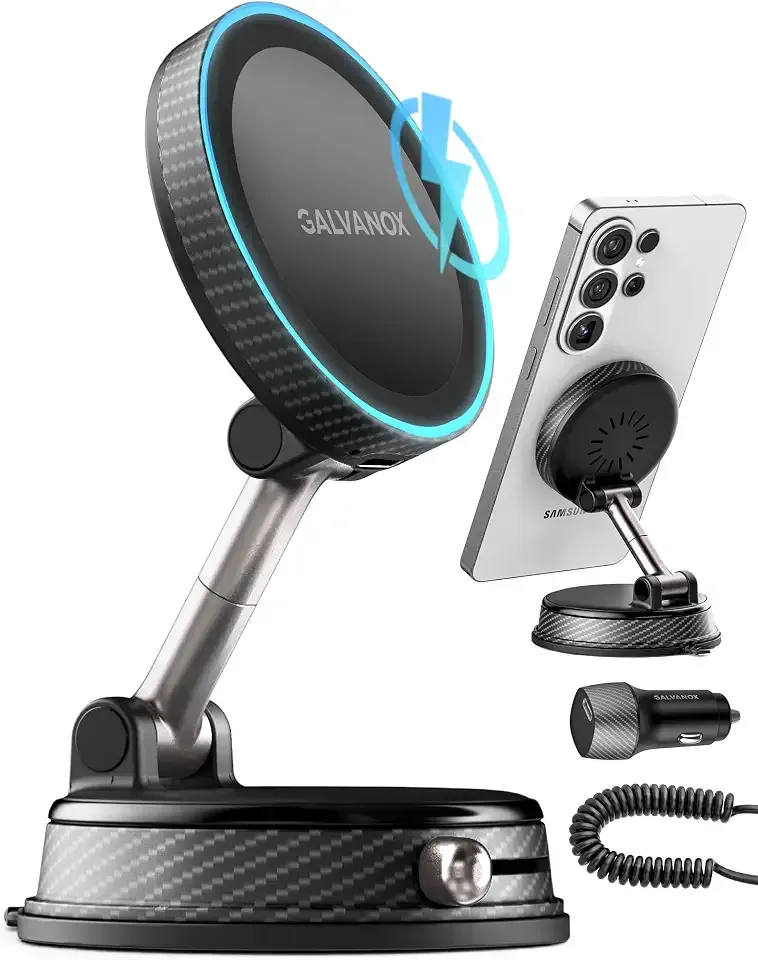 Galvanox™ X8-PRO Vacuum Suction Car Mount Wireless Charger for Samsung | MagSafe Compatible, 360 Adjustable Strong Locking Dashboard/Windshield Base w/ 45W USB-C Adapter for Galaxy S25, S26 Ultra