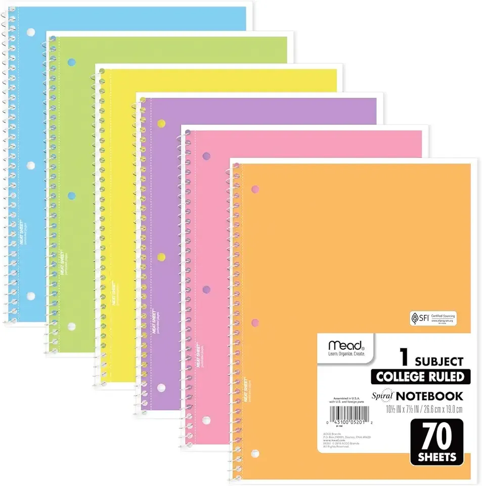 Mead Spiral Notebook, 6 Pack, 1 Subject, College Ruled Paper, 7-1/2" x 10-1/2", 70 Sheets per Notebook, Assorted Pastel Colors (830049)