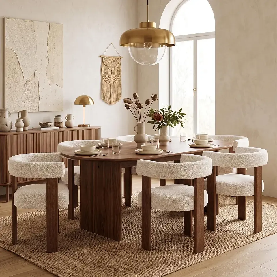 Gaussen Boucle Dining Chairs Set of 6, Mid Century Modern Dining Room Chairs with Solid Wood Legs, Terry Fabric Upholstered Kitchen Chairs, Accent Vanity Chair for Living Room (Cream,6)
