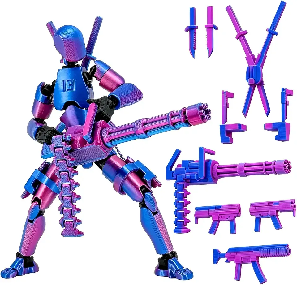 Gatling Gun Titan 13 Action Figure Set【Assembled】, Robot T Action Figure 3D Printed Dummy 13 Action Fidget Toys Figure Articulated, Lucky 13 for Collectors Desktop Decorations (Purple Blue)