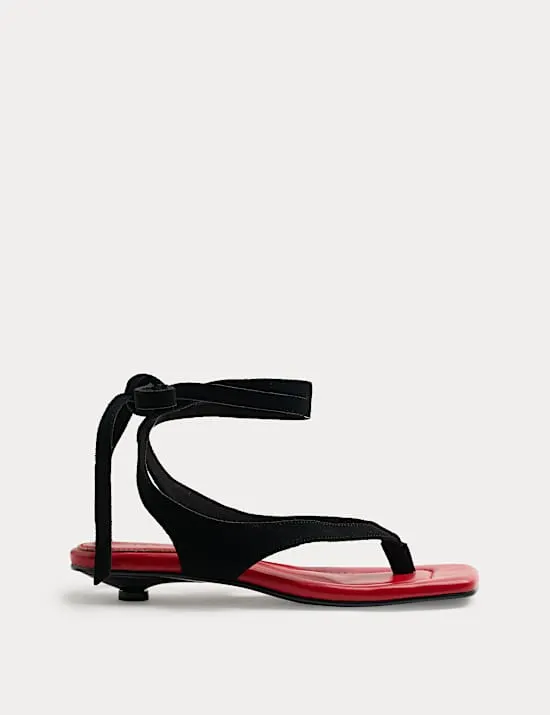 Suede Tie Ankle Strap Kitten Heel Sandals