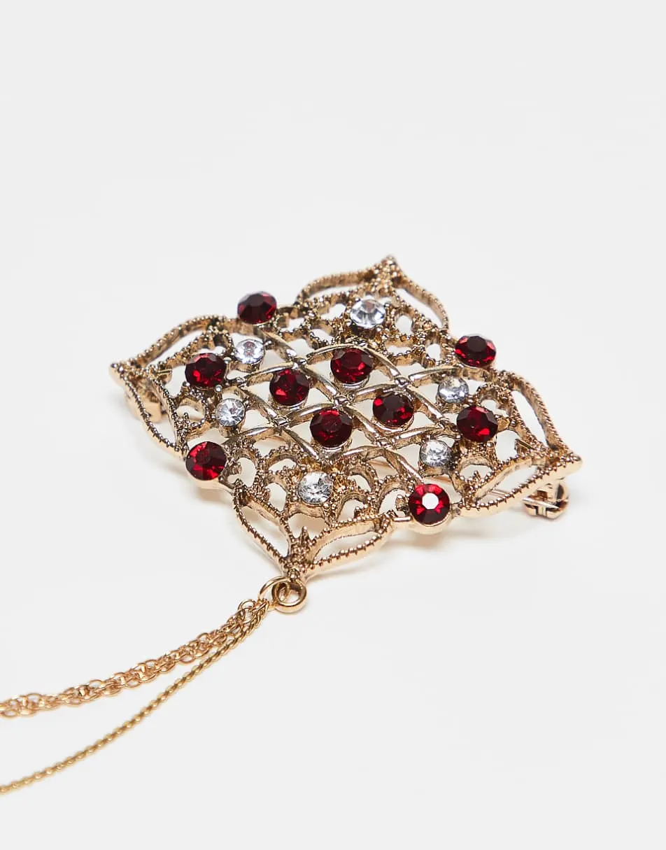 ASOS DESIGN stone and pearl lattice chain brooch in gold