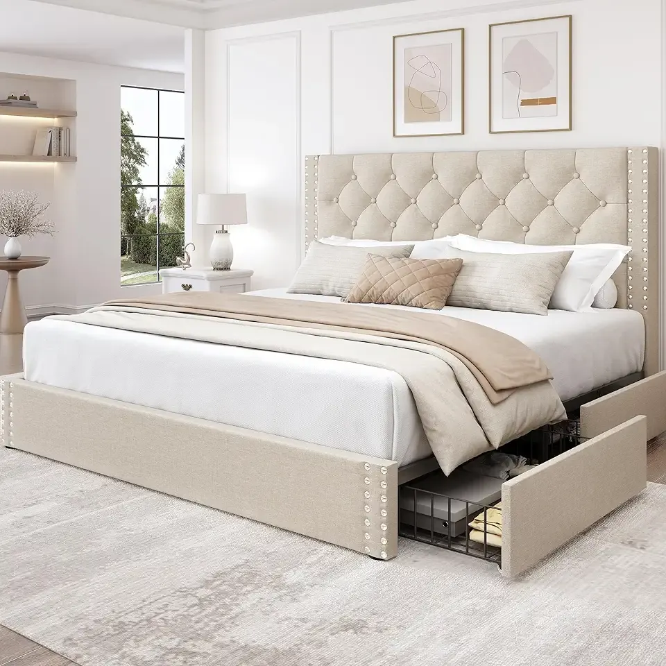 Queen Size Bed Frame with 4 Storage Drawers and Tufted Headboard Linen Upholstered Platform Bed Frame with Heavy Duty Wood Slats, No Box Spring Needed, Easy Assembly, Beige