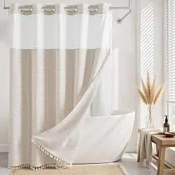 River Dream Farmhouse Linen Textured Shower Curtain with Snap-in Liner Set, No Hooks Needed, with Tassels for Rustic Bathroom Decor,with Window,with Magnets,Linen,71Wx74H
