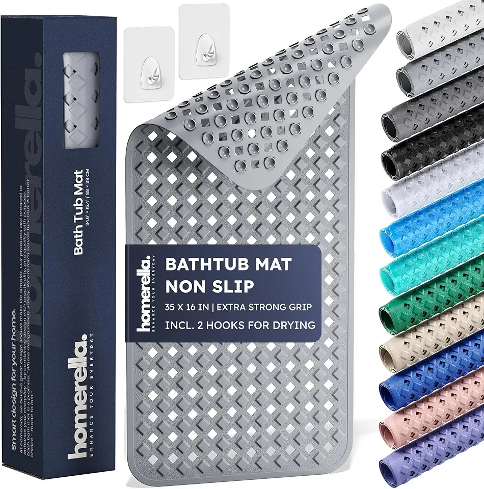 Bathtub Mat Non Slip 35x16 - homerella® Bath Mat Incl. Hooks for Drying, Extra Long, 100% BPA Free, Shower Mat Non Slip Anti Mold, Machine Washable, Shower Mats for Inside Shower Mildew Resistant