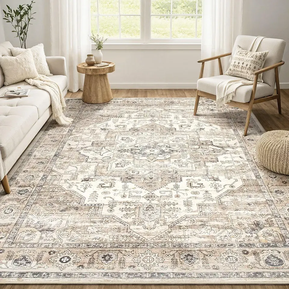 Area Rug 5x7 Washable Vintage - Soft Traditional Rugs for Living Room Large Non Slip Backing with Low Pile Farmhouse Oriental Retro Carpet for Bedroom Dining Room or Home Office - Tea Brown